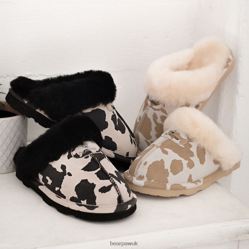 Slippers UK BEARPAW Women Loki Exotic Black Cow Print 44J6293